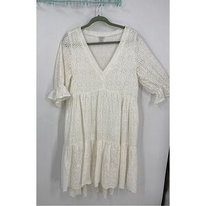 Sundance 100% cotton Bohemian V-neck tiered ruffle White Eyelet oversized Dress